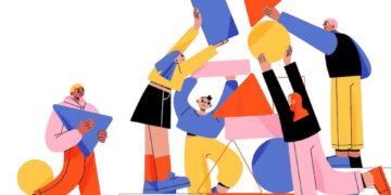 Kolorowa ilustracja przedstawiająca grupę osób współpracujących przy budowie konstrukcji z geometrycznych kształtów, symbolizująca wsparcie w grupie terapeutycznej DDA online